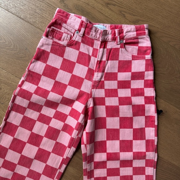 Zara Checkered Pink & Red Cotton Wide Leg Jeans - Like New - Size 4 - Picture 2 of 7